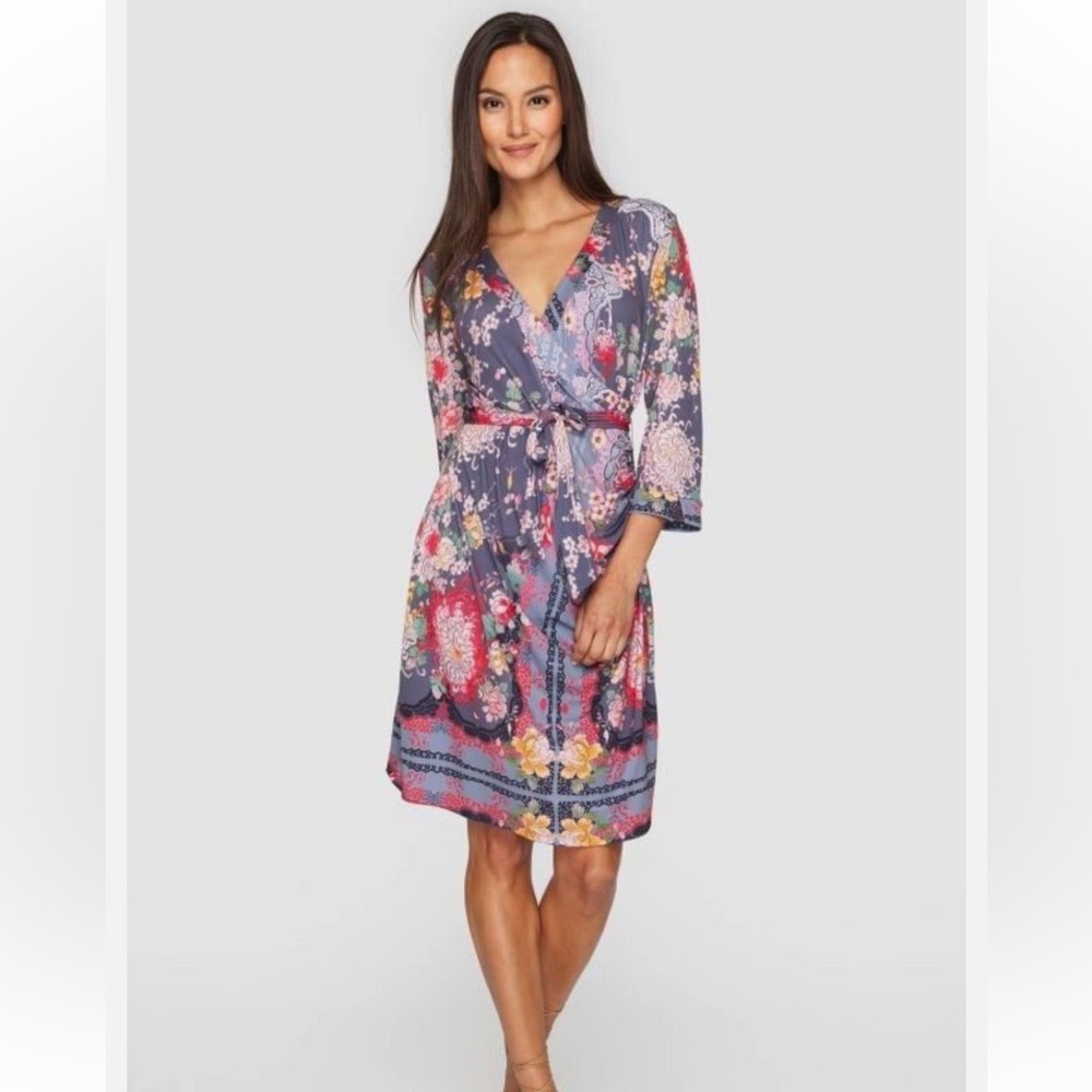 Johnny Was Boho Artsy Chic Faux Wrap Flattering Floral Tunic Dress XL $248